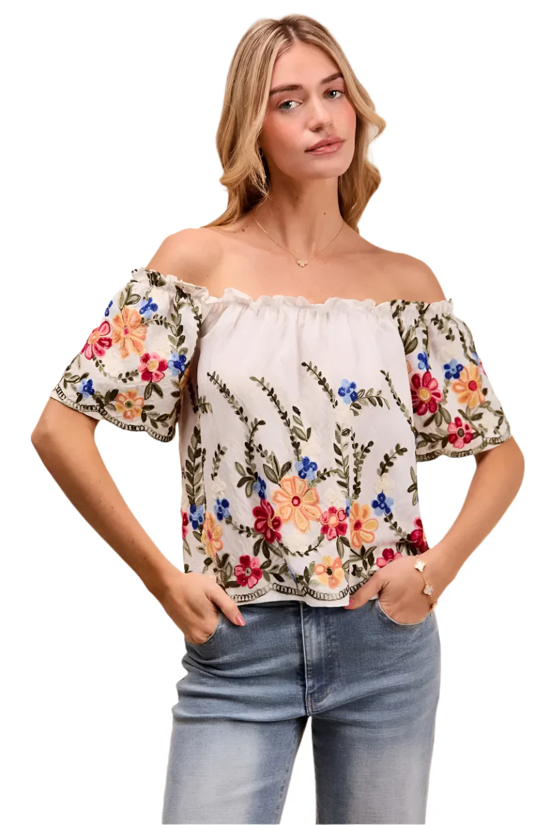 Dames Blouse Met Bloemen Borduursel Off The Shoulder