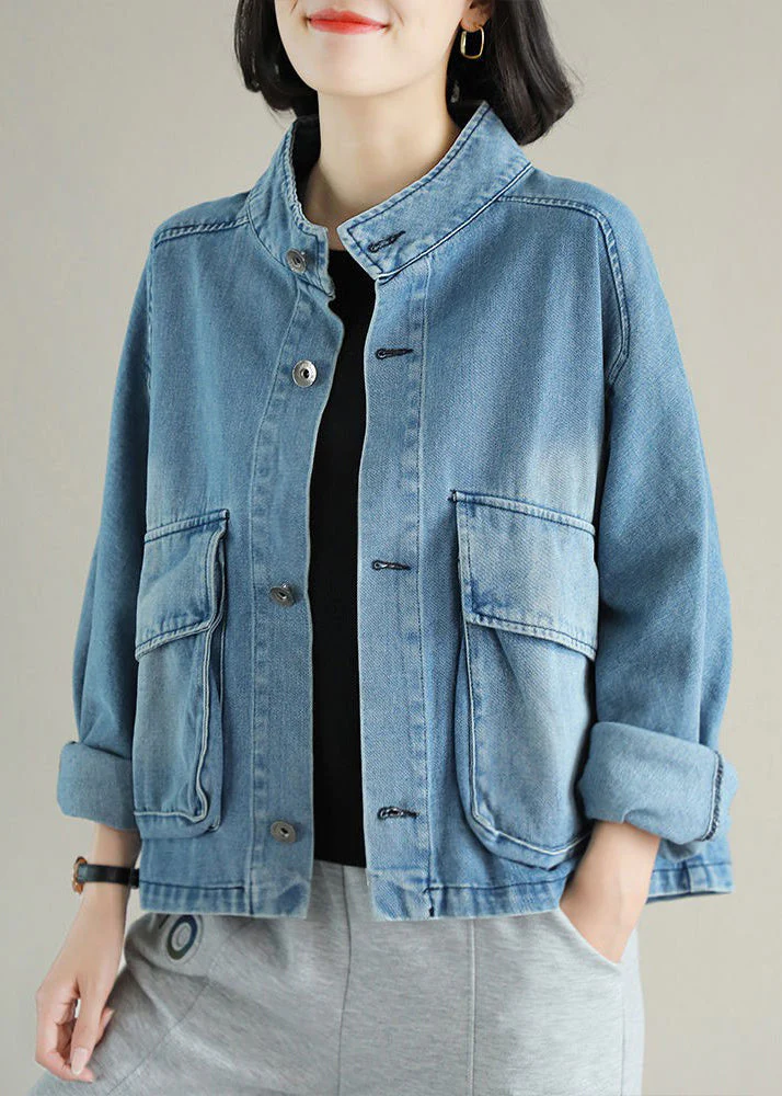Dames Denim Jas met Opstaande Kraag en Grote Zakken - Image 2