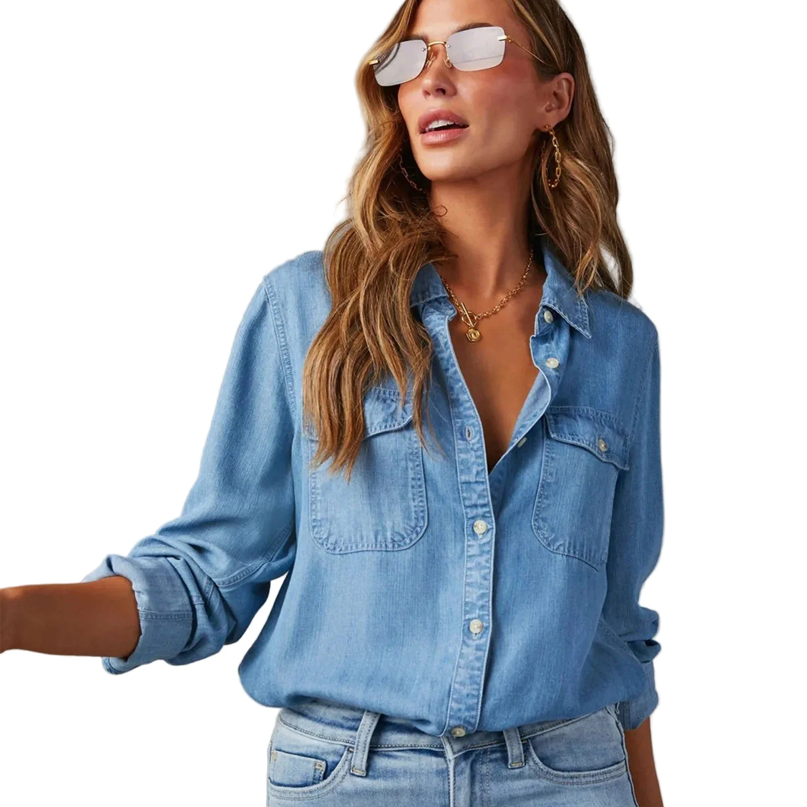 Dames Denim Shirt Lange Mouwen Chique Stijl