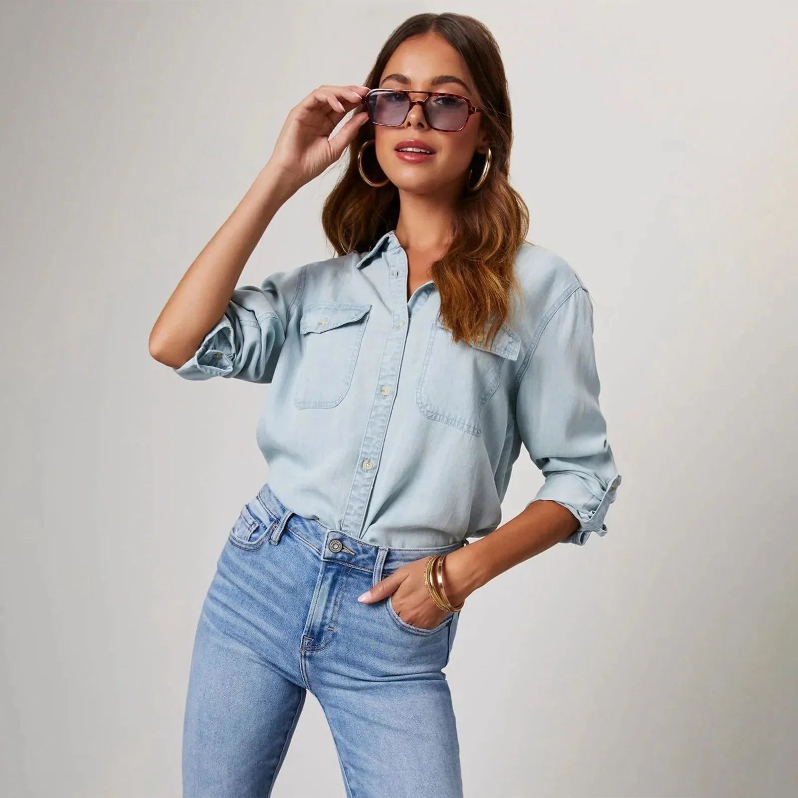 Dames Denim Shirt Lange Mouwen Chique Stijl - Image 2