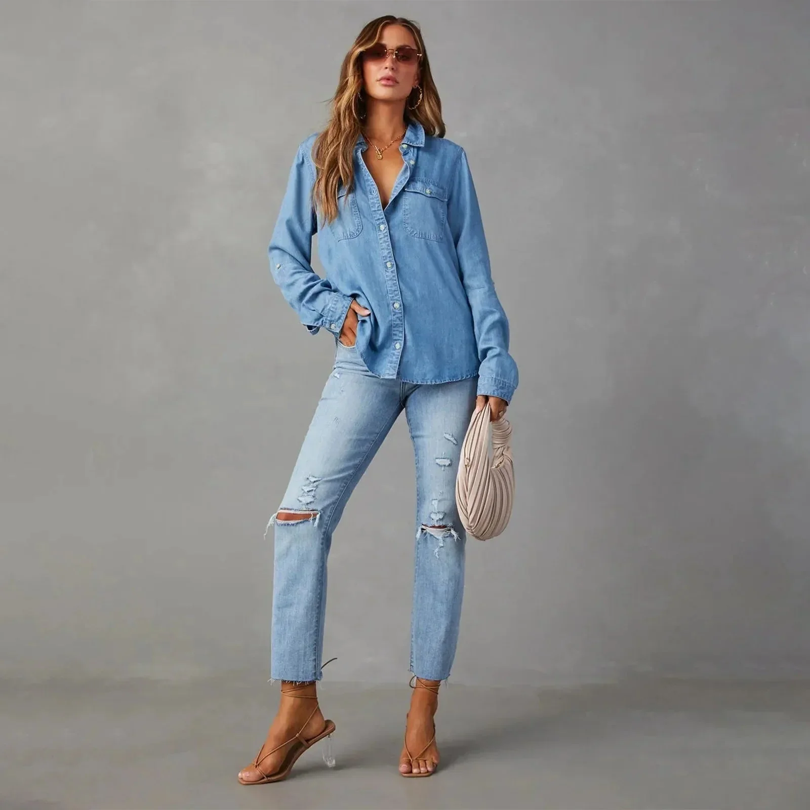 Dames Denim Shirt Lange Mouwen Chique Stijl - Image 5