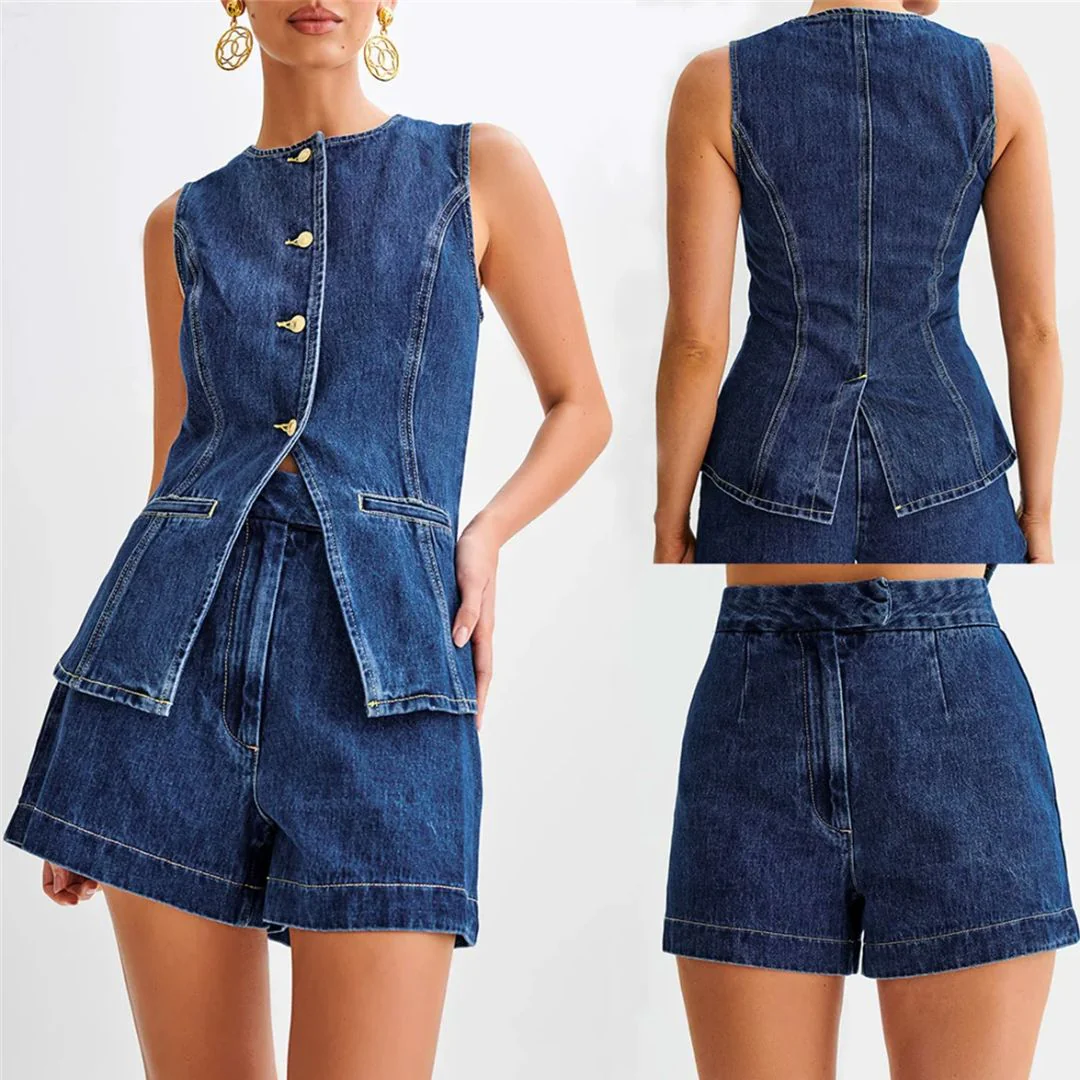 Dames Denim Stijl Mouwloos Met Hoge Taille Shorts - Image 2