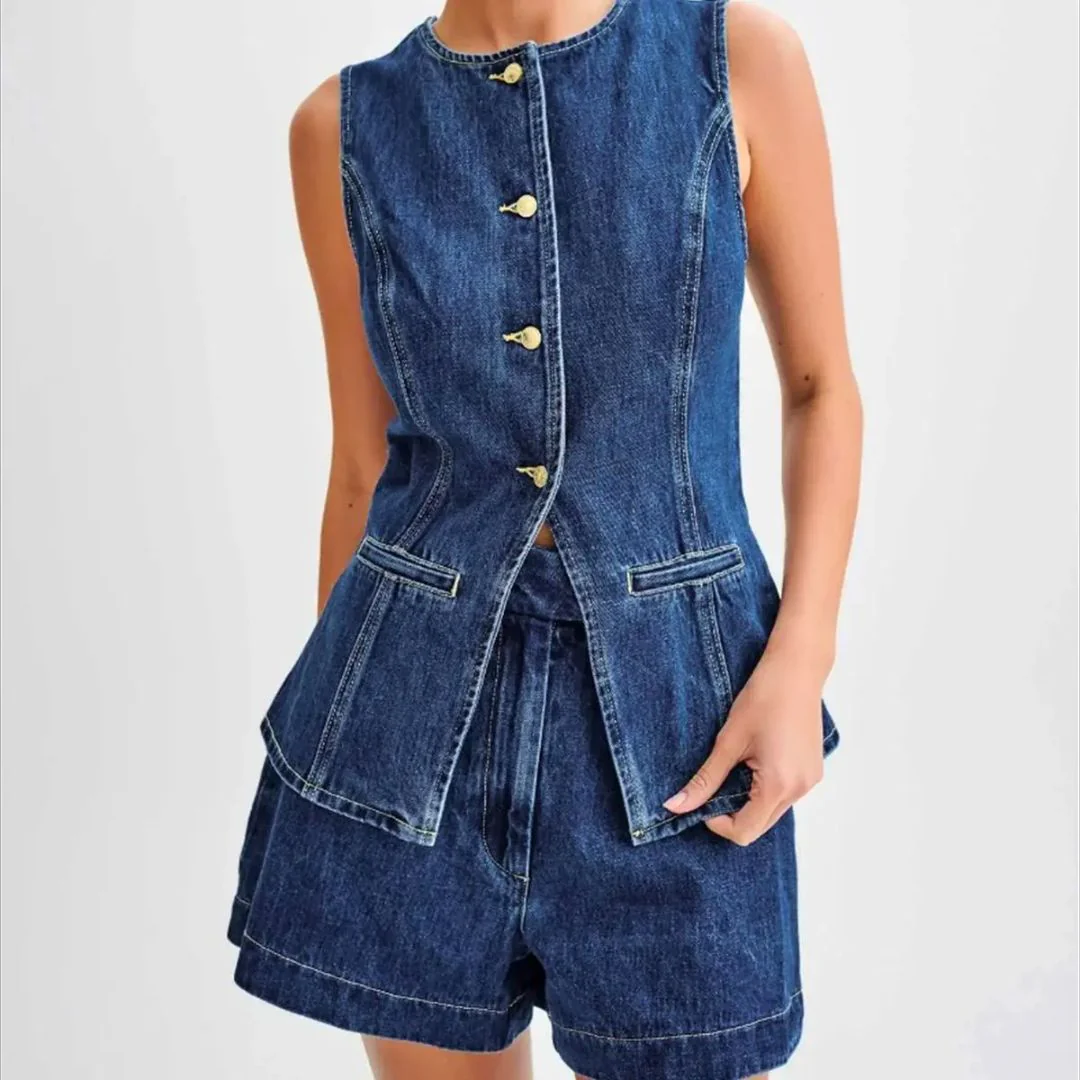 Dames Denim Stijl Mouwloos Met Hoge Taille Shorts - Image 3