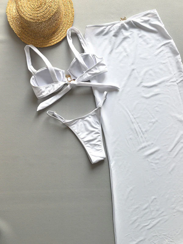 Dames Drie-delig Bikini Set met Bandeau Top en Maxi Cover-Up - Image 3