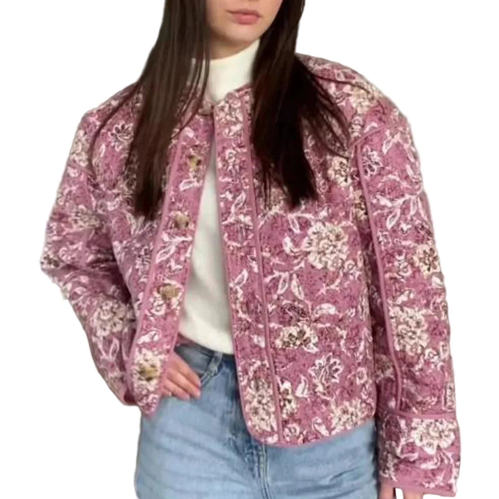 Dames Jas Gewatteerd Bloemenprint met Lange Mouwen Casual Cropped Stijl