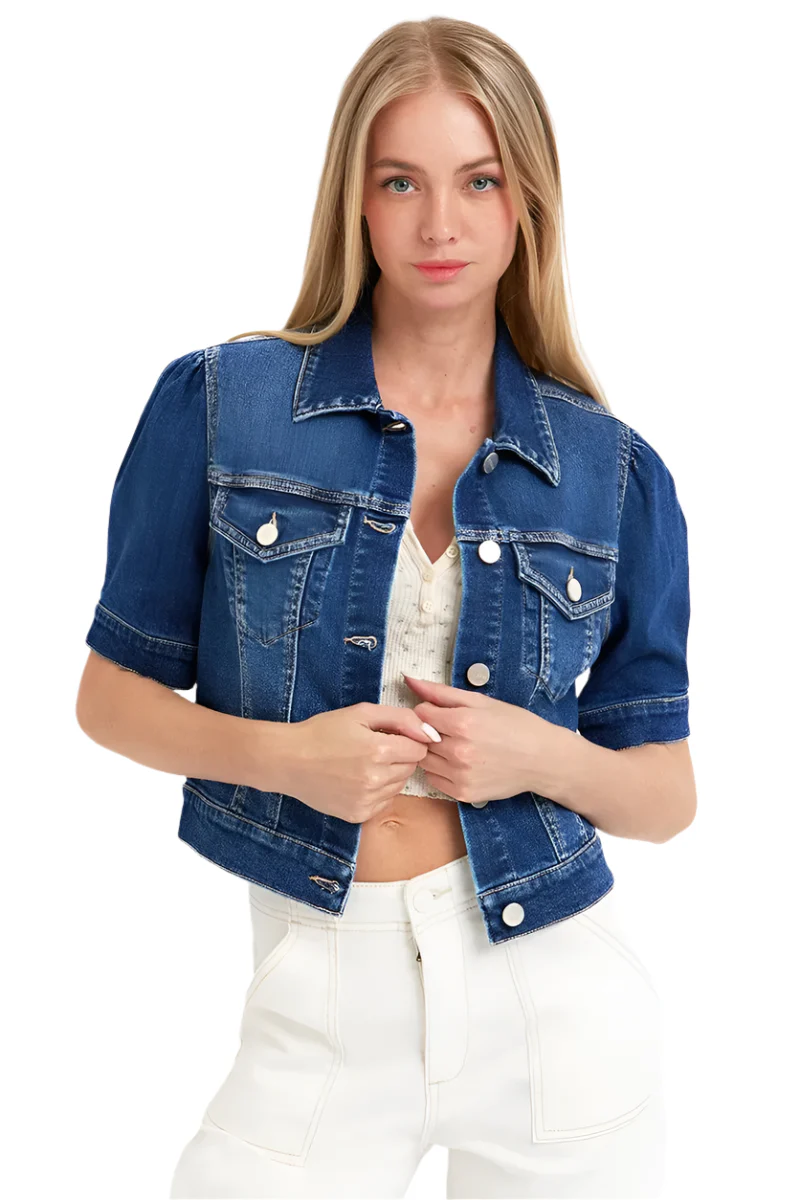 Dames Korte Mouw Crop Denim stijl Met Pofmouwen