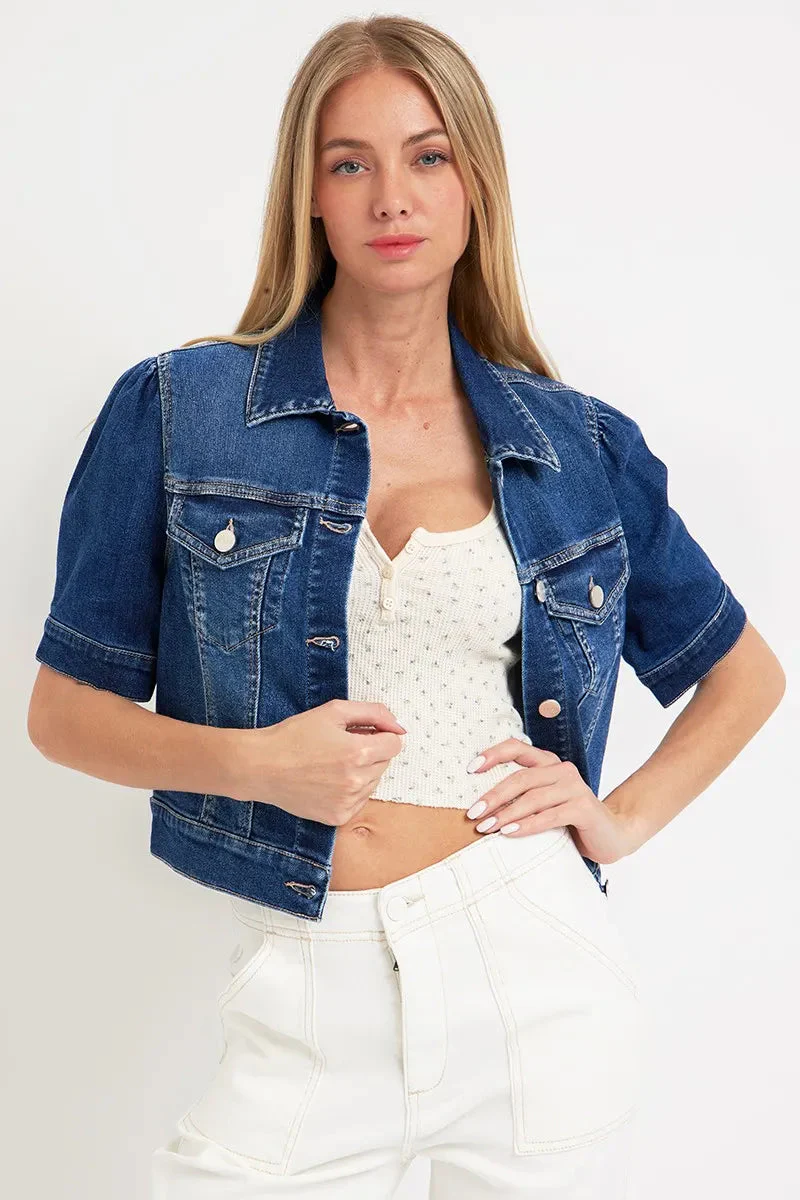 Dames Korte Mouw Crop Denim stijl Met Pofmouwen - Image 3