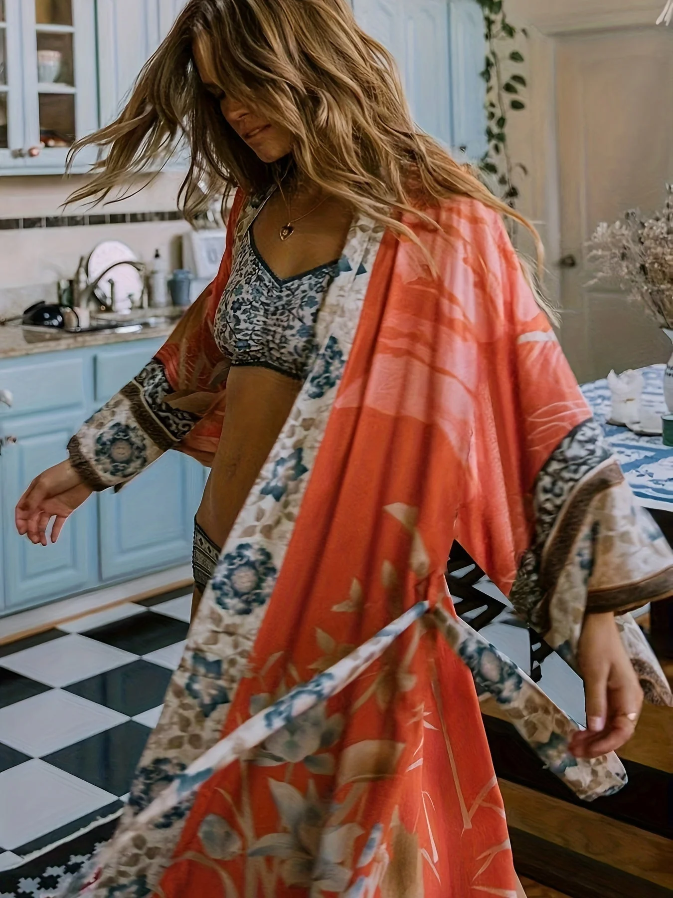 Dames Lange Kimono Bloemenprint Vloeiende Stijl - Image 7