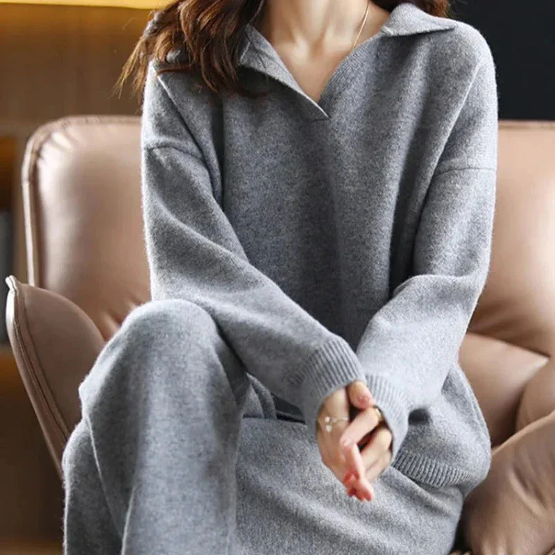 Dames Loungewear Set Katoenmix Relaxed Fit Met Omgeslagen Kraag - Image 3
