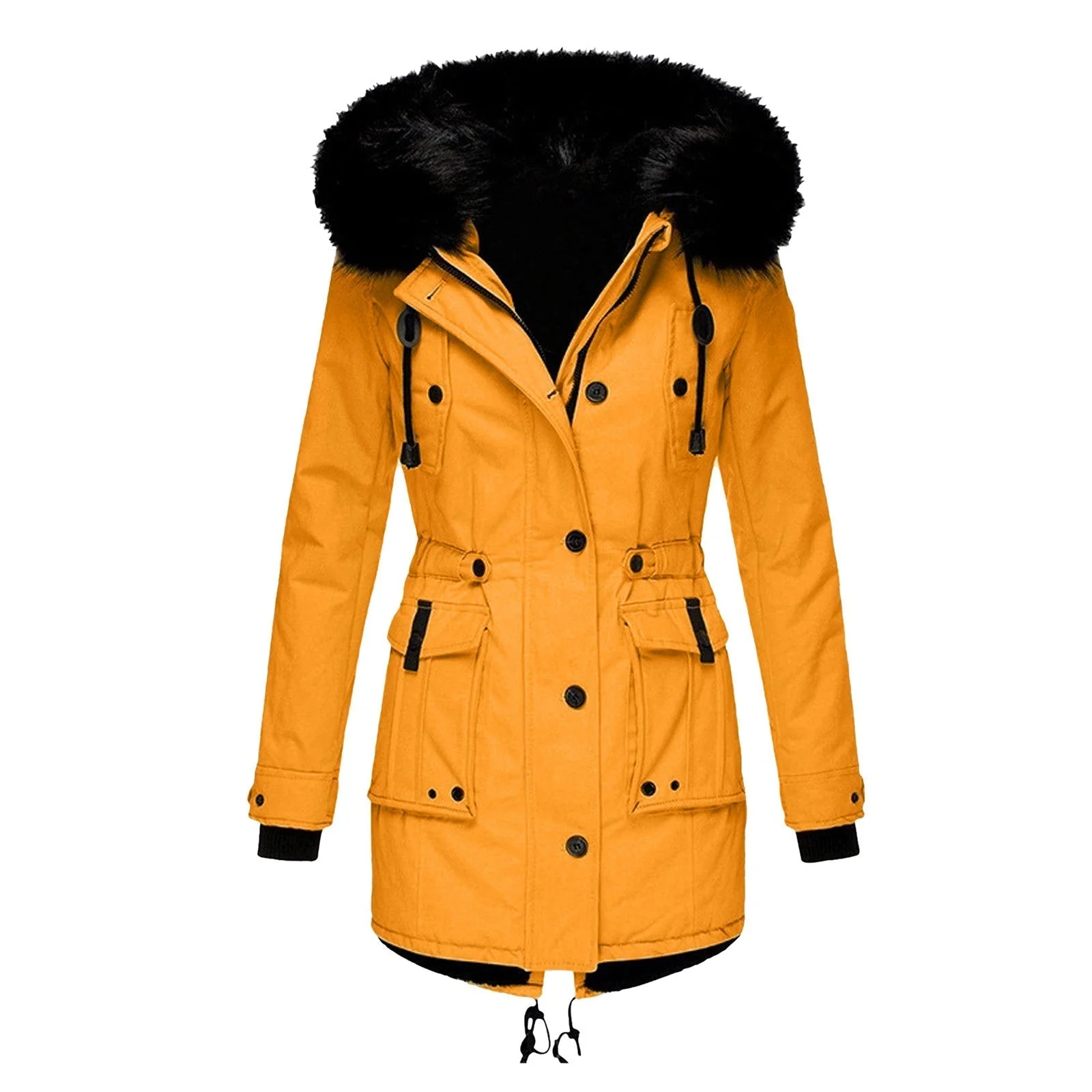 Dames Mid-Length Jas met Faux Fur Kap en Taillekoord