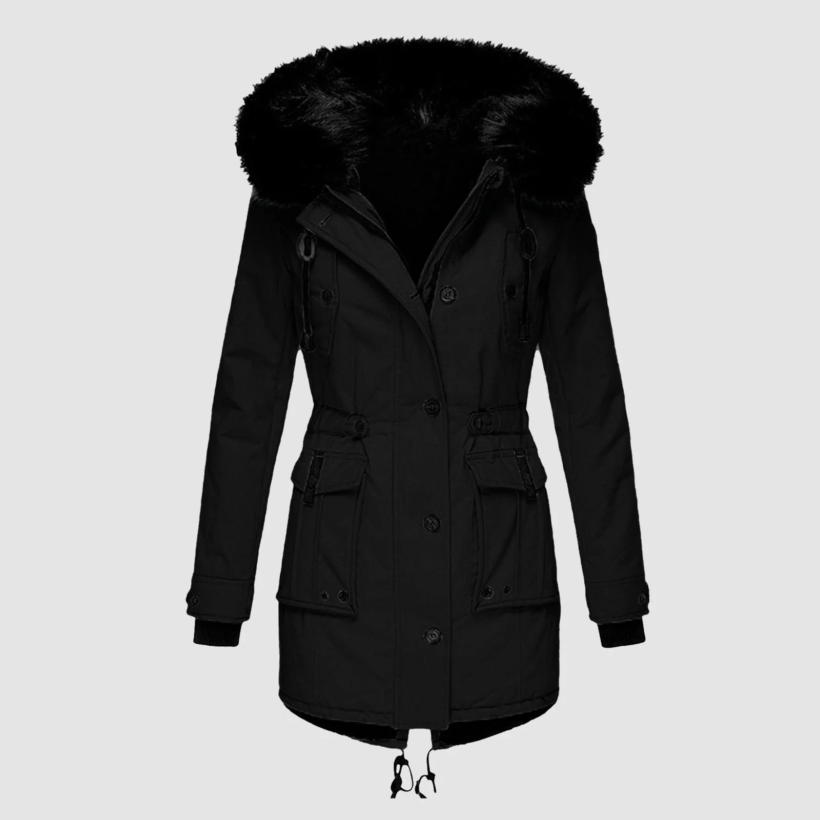 Dames Mid-Length Jas met Faux Fur Kap en Taillekoord - Image 2