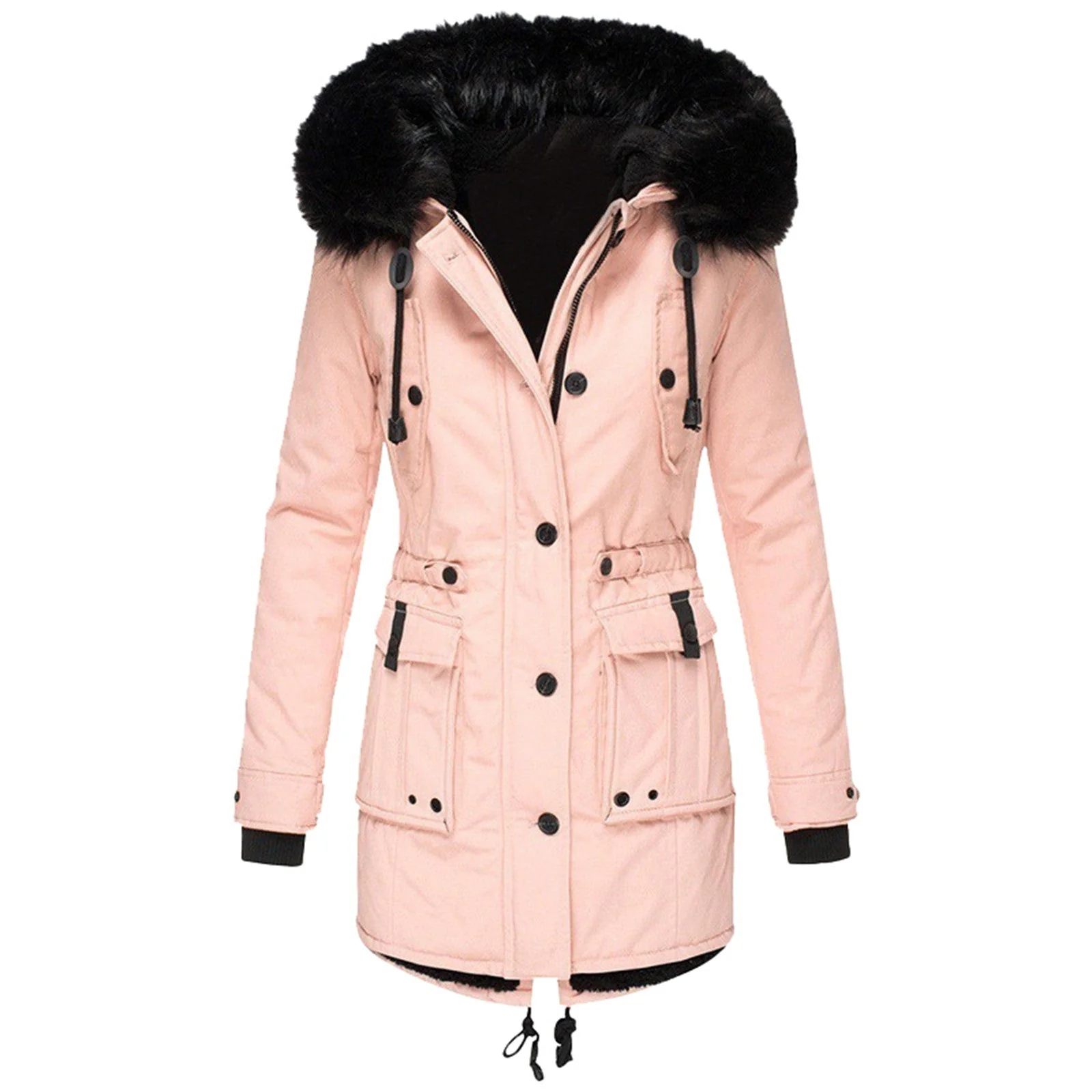 Dames Mid-Length Jas met Faux Fur Kap en Taillekoord - Image 4