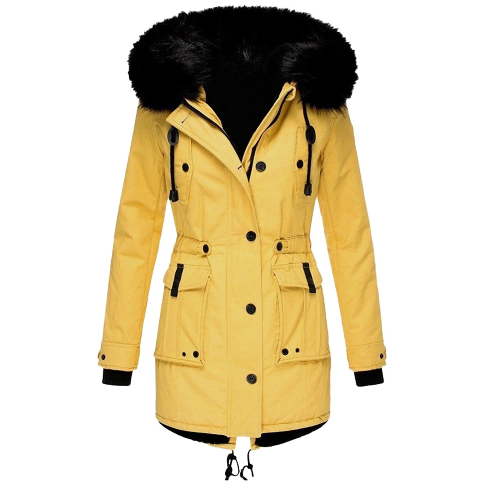 Dames Mid-Length Jas met Faux Fur Kap en Taillekoord - Image 6