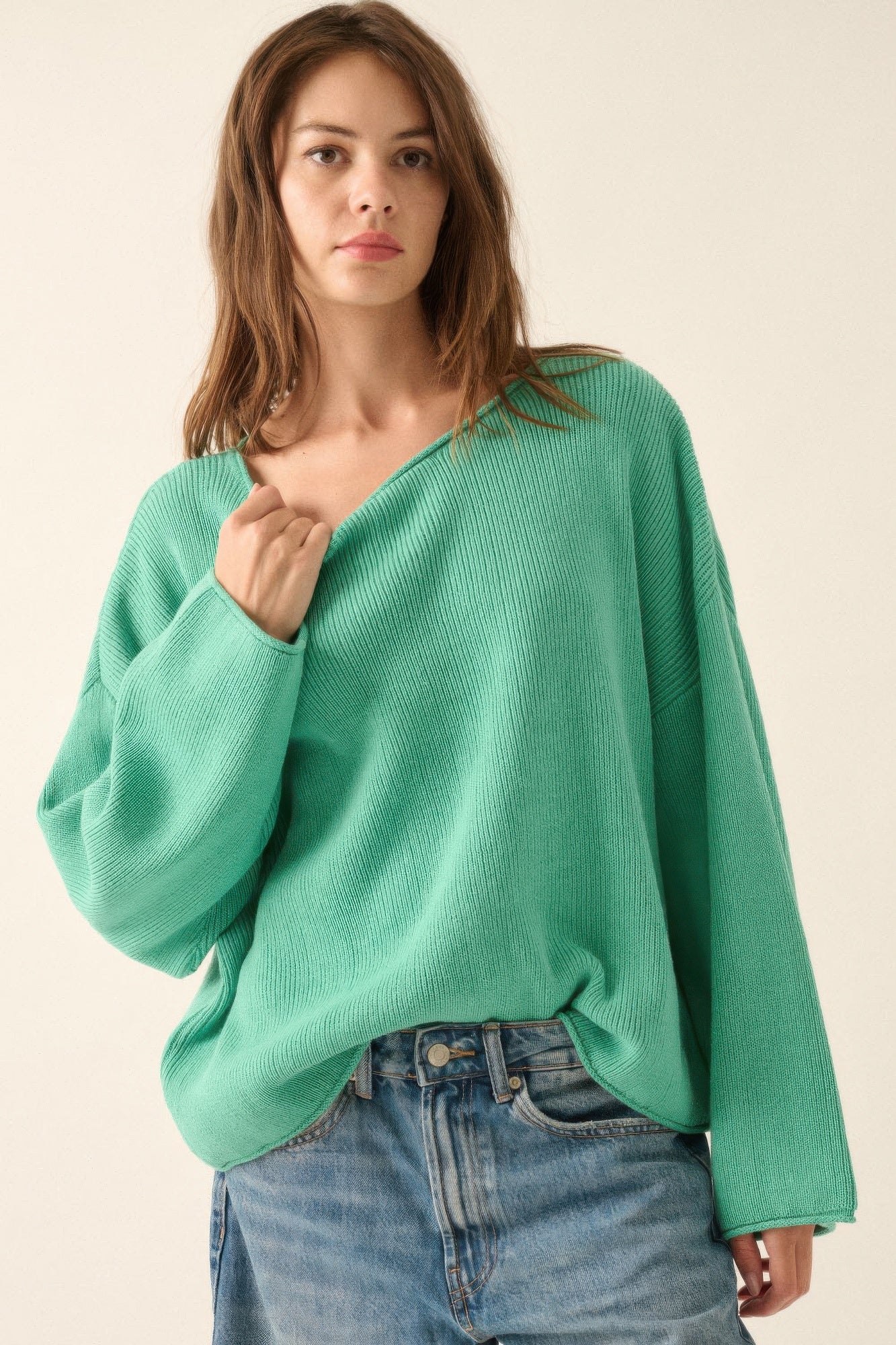 Dames Oversized Trui Ribgebreid Boothals - Image 3
