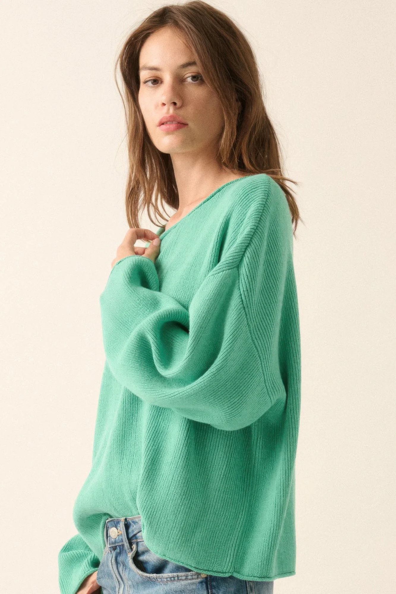 Dames Oversized Trui Ribgebreid Boothals - Image 4