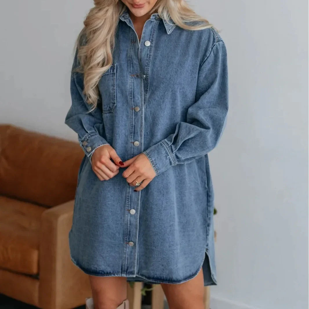 Dames Shirtjurk Met Lange Mouwen Denim Casual Style - Image 2