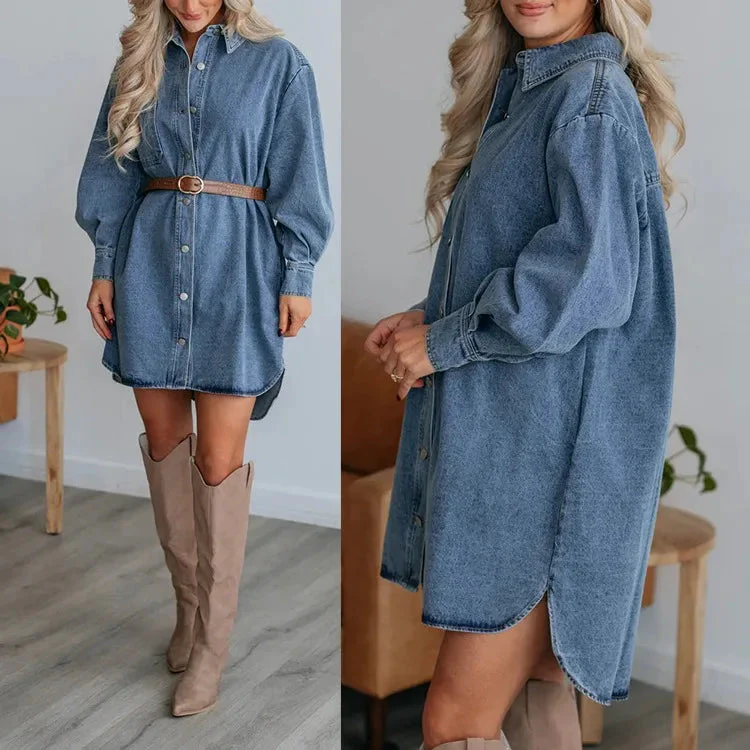 Dames Shirtjurk Met Lange Mouwen Denim Casual Style - Image 3