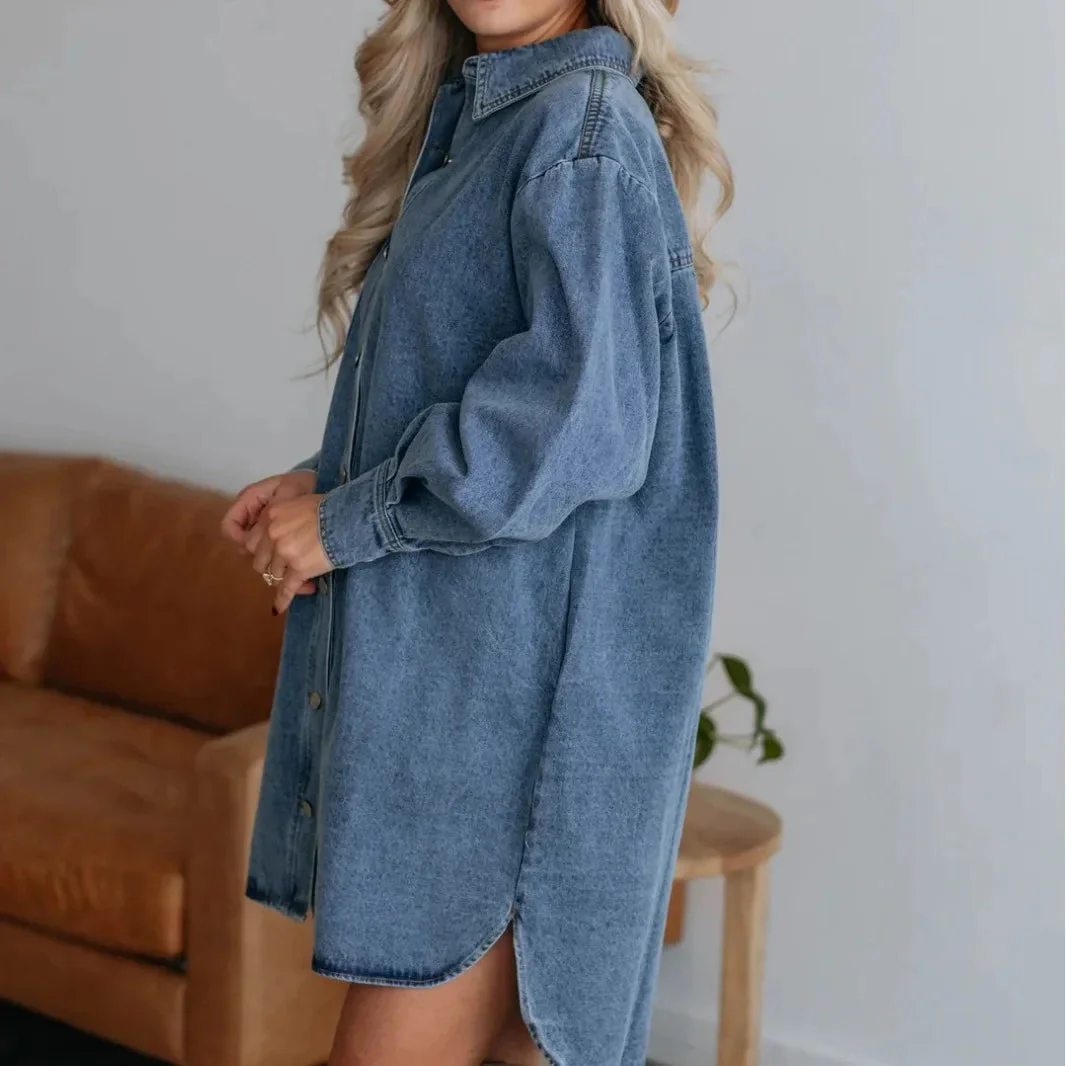 Dames Shirtjurk Met Lange Mouwen Denim Casual Style - Image 4