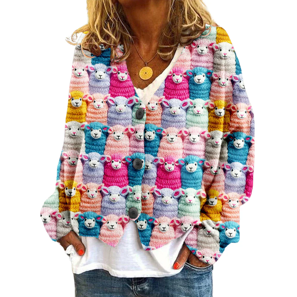 Dames Vintage Sweater met Fåremønster en V-hals