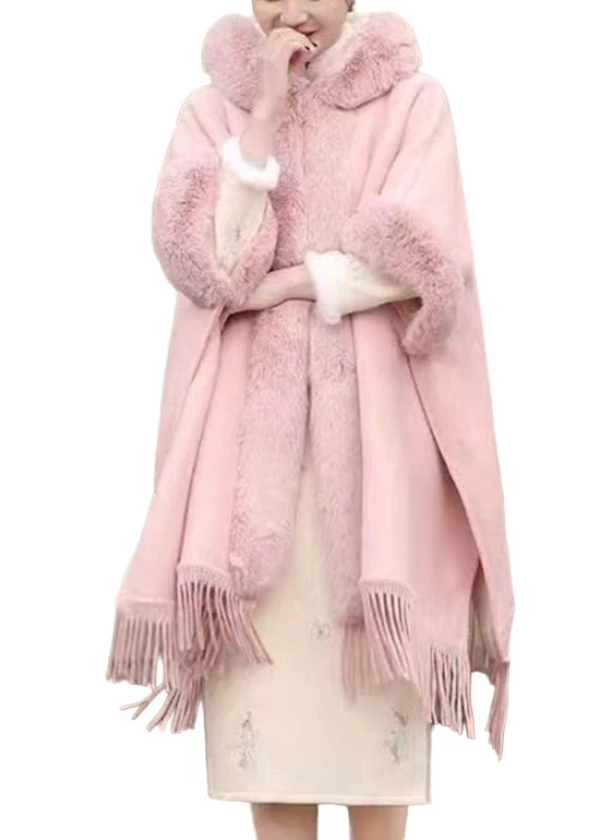 Dames Wollen Jas met Roze Bontkraag en Kwastjes