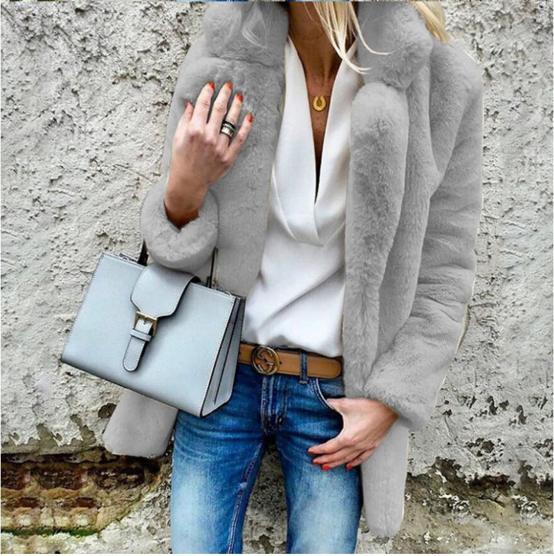 Damesjas Winter Oversized Faux Fur Met Vouwkraag - Image 2