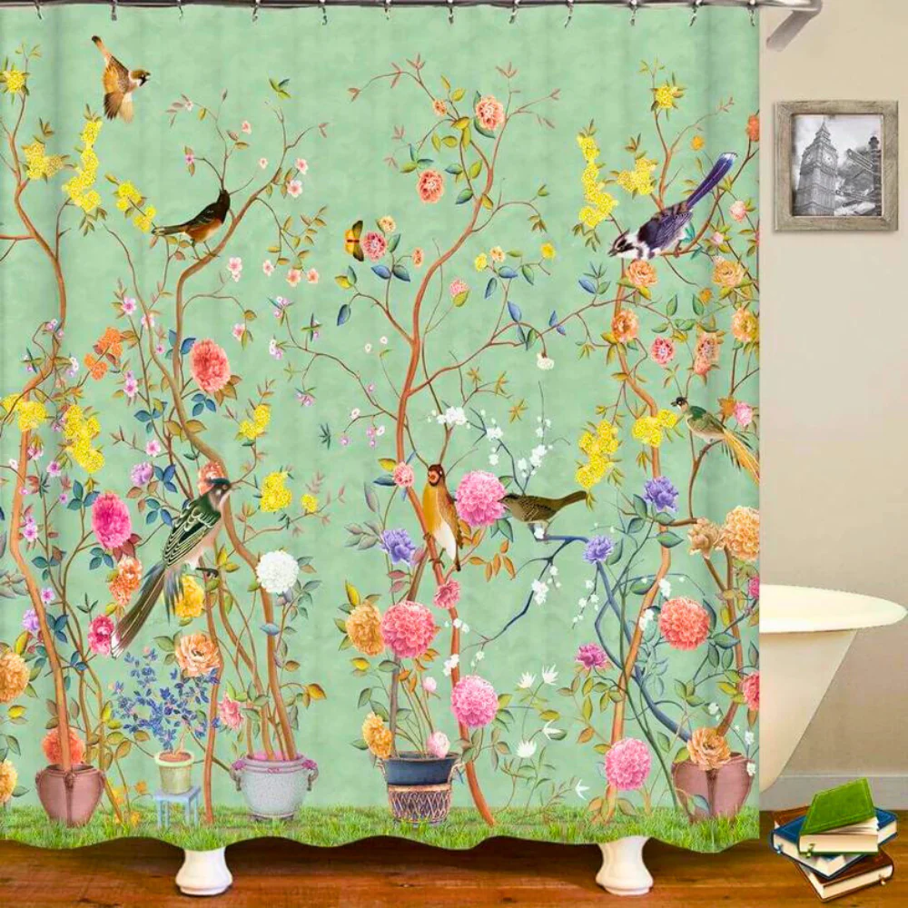 Douchegordijn met Bloemen- en Vogelprint voor Badkamer