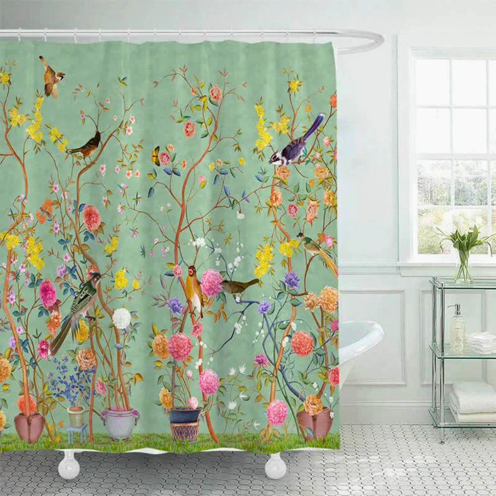Douchegordijn met Bloemen- en Vogelprint voor Badkamer - Image 2