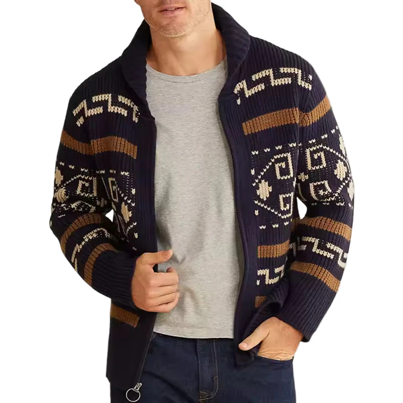 Heren Cardigan Gebreid Met Rits En Patroon Voor Casual En Semi-Casual Gelegenheden