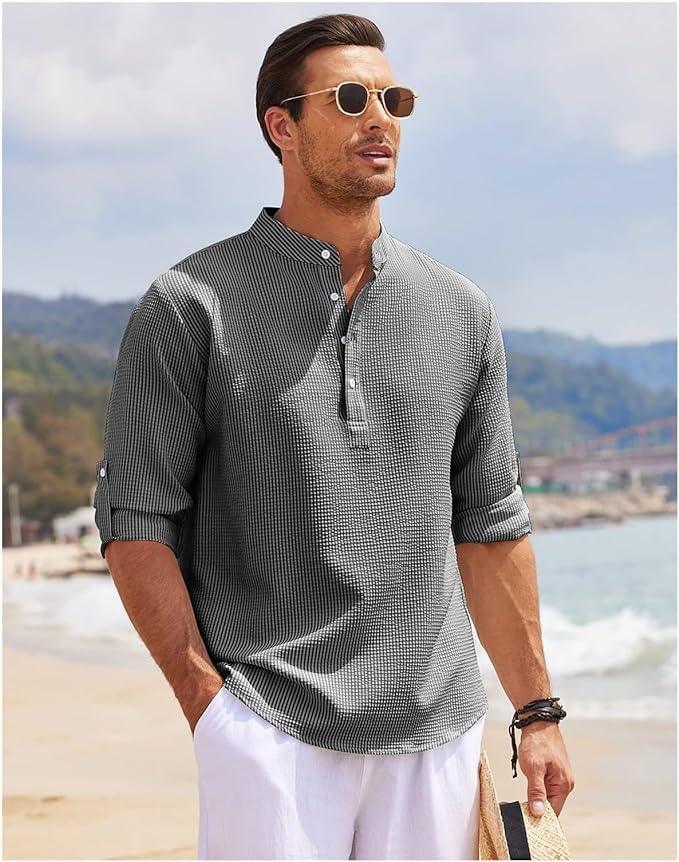 Heren Henley Shirt Lange Mouwen Rol-Up Stijl Ademend - Image 2