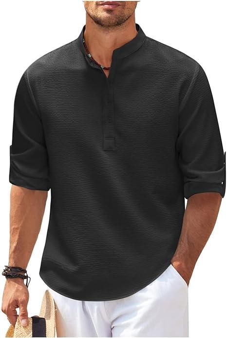 Heren Henley Shirt Lange Mouwen Rol-Up Stijl Ademend - Image 6