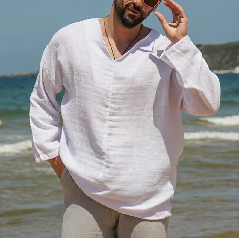 Heren Shirt Linnen V-Hals Lange Mouwen Relaxed Fit - Image 4