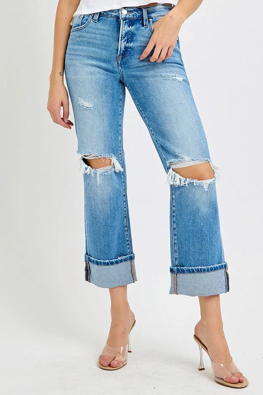 Heren Straight Jeans Met Middelhoge Taille en Cuffs - Image 3