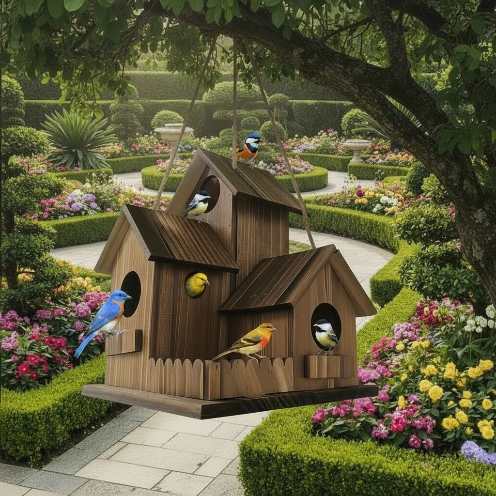 Vogelhuisje Met Meerdere Nestkamers Voor Buiten - Rustiek Ontwerp Voor Tuinvogels - Image 2