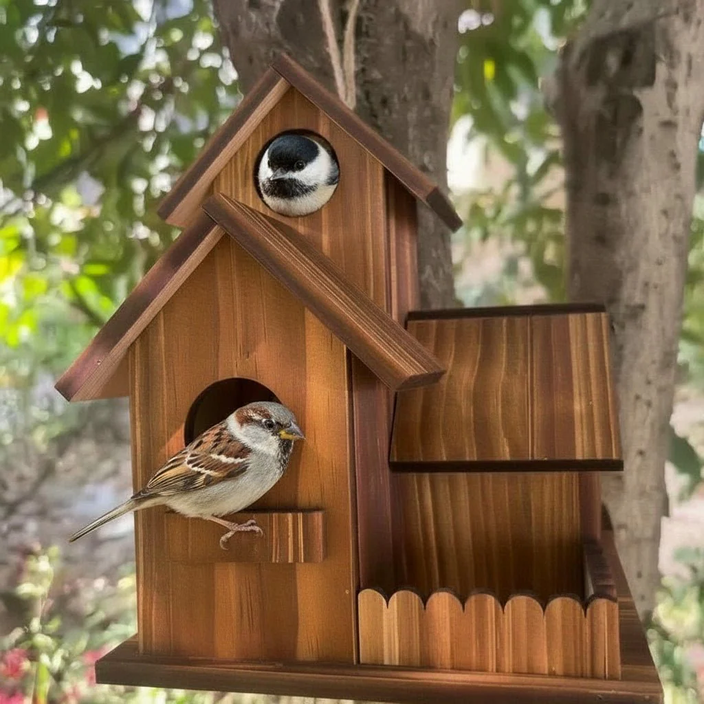 Vogelhuisje Met Meerdere Nestkamers Voor Buiten - Rustiek Ontwerp Voor Tuinvogels - Image 3
