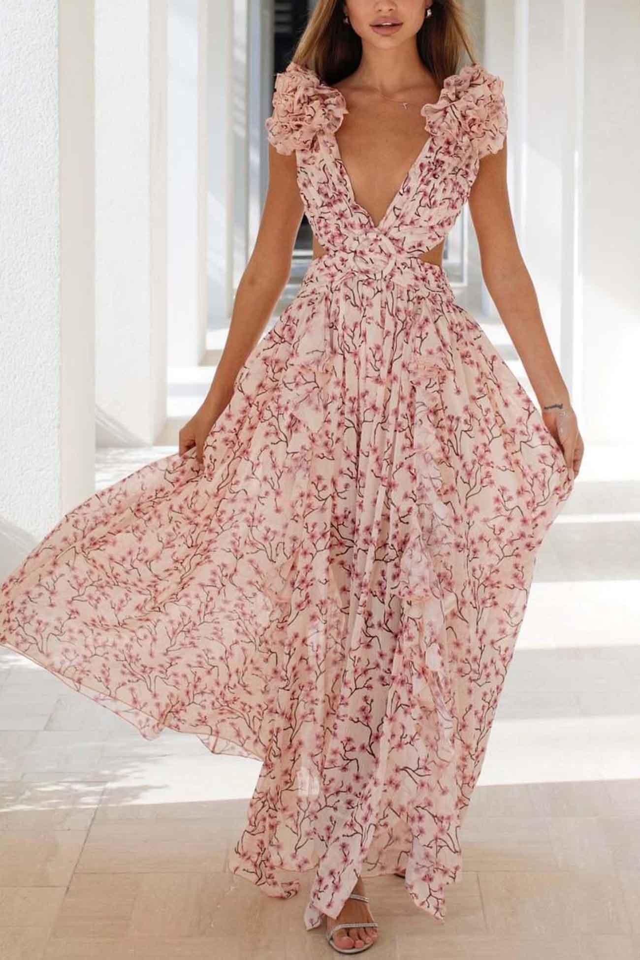 Vrouwen Maxi Jurk Met Diepe V-Hals En Rimpel Mouwen - Image 3