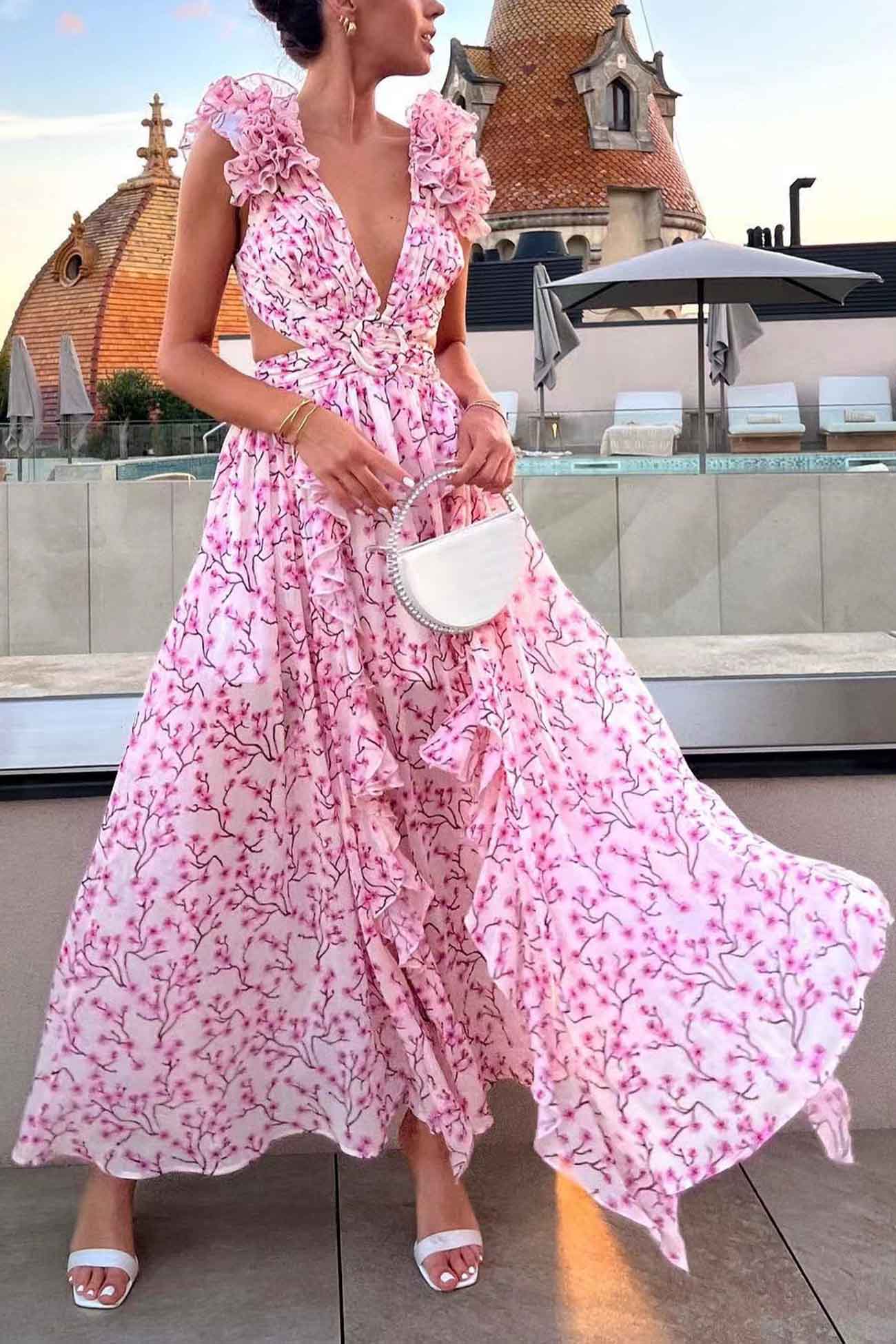 Vrouwen Maxi Jurk Met Diepe V-Hals En Rimpel Mouwen - Image 5