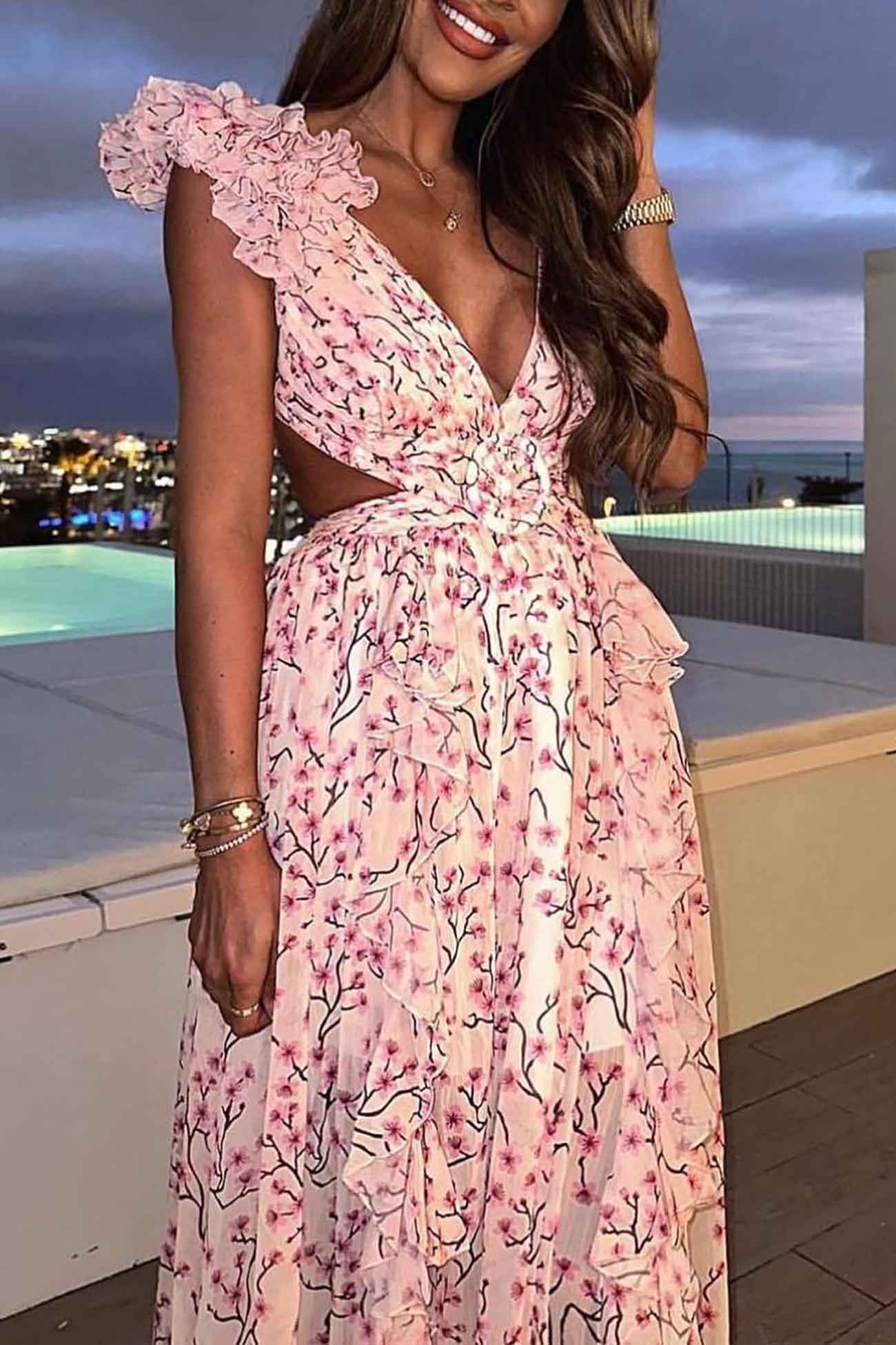 Vrouwen Maxi Jurk Met Diepe V-Hals En Rimpel Mouwen - Image 9