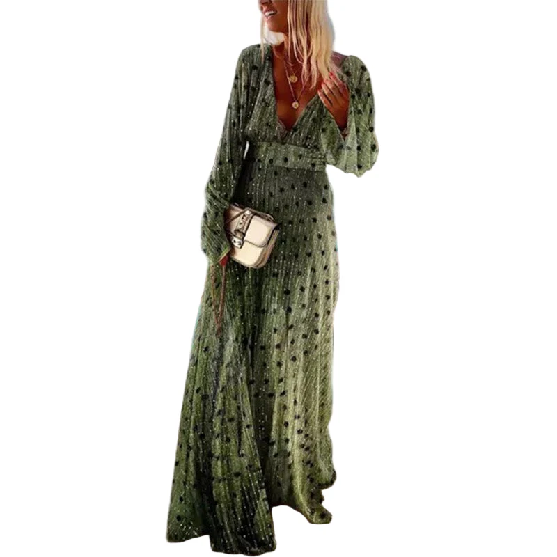 Vrouwen Maxi Jurk Met Lange Mouwen en V-Hals