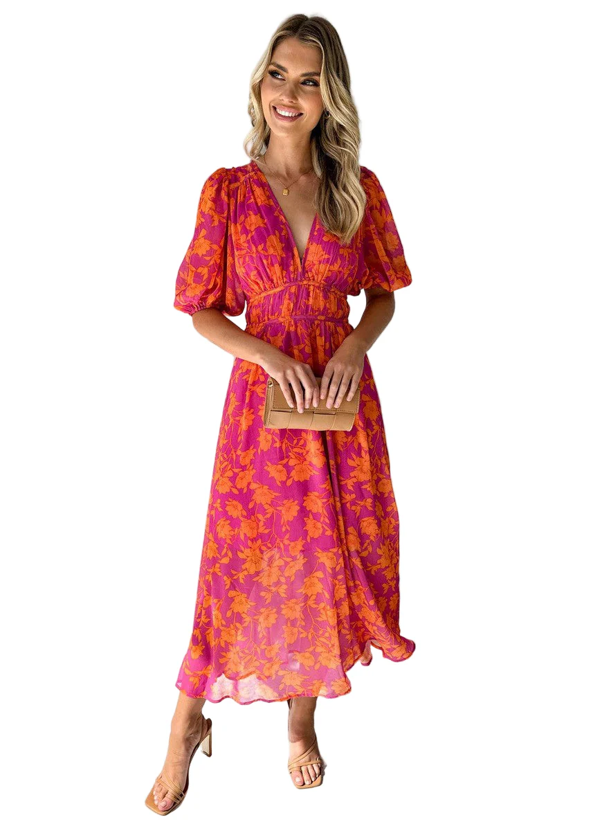 Vrouwen Maxi Jurk Met V-Hals En Puff Mouwen