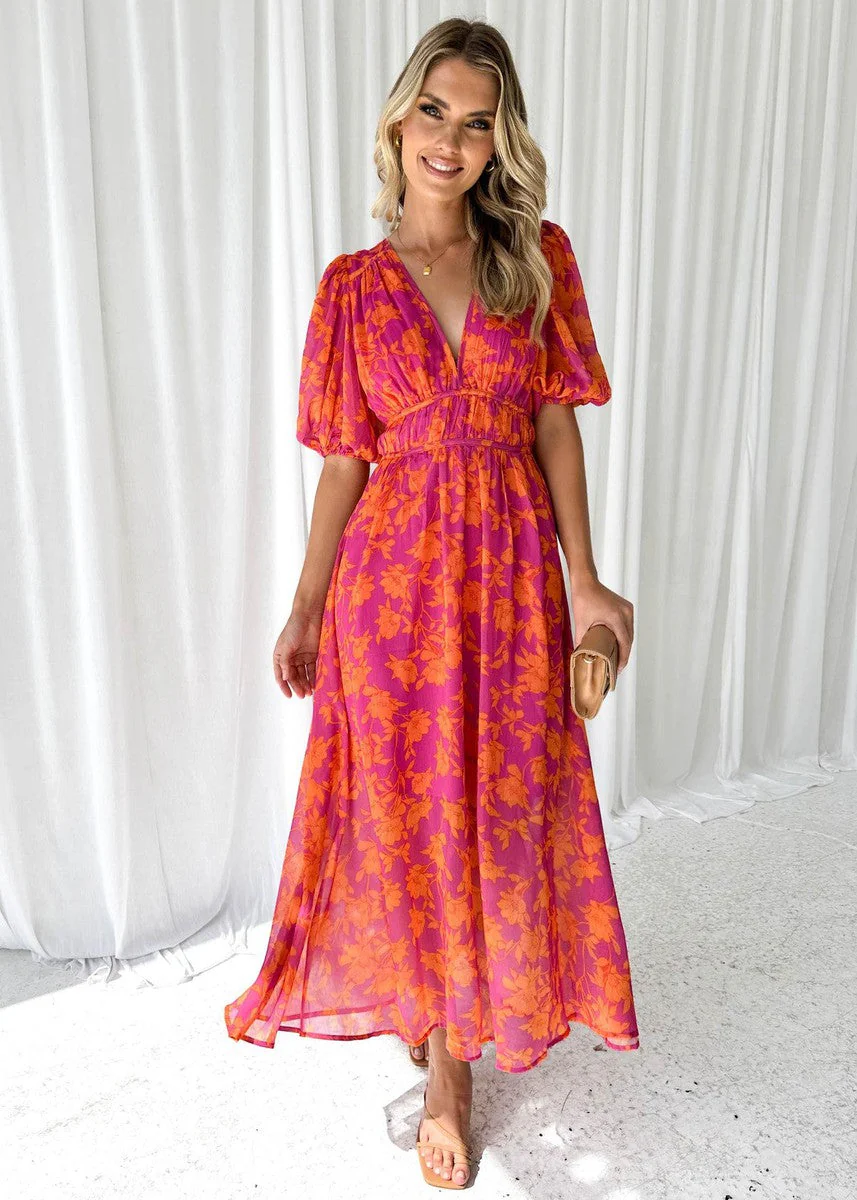 Vrouwen Maxi Jurk Met V-Hals En Puff Mouwen - Image 4