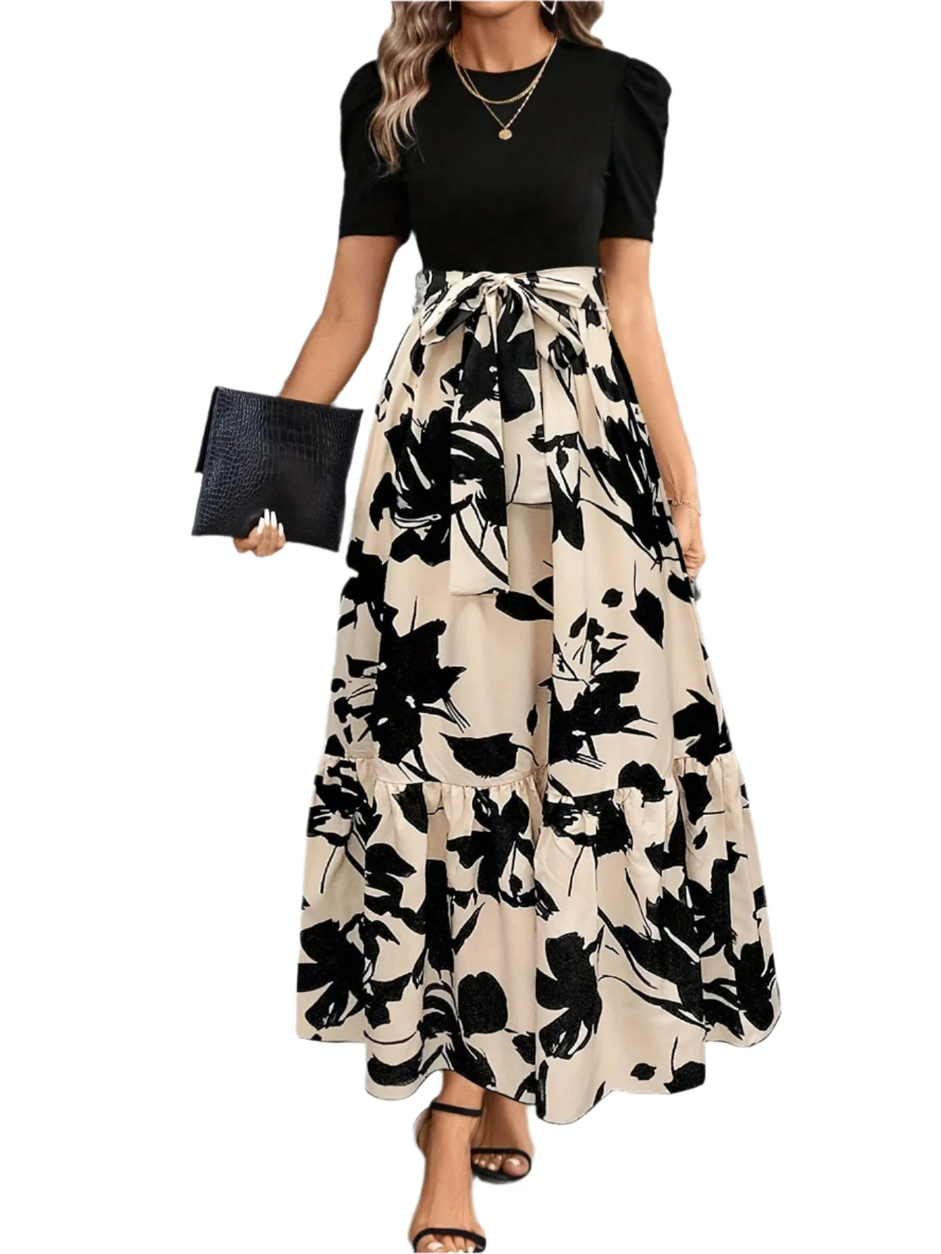 Vrouwen Maxi Jurk Puff Korte Mouwen Met Strik Taille A-Lijn