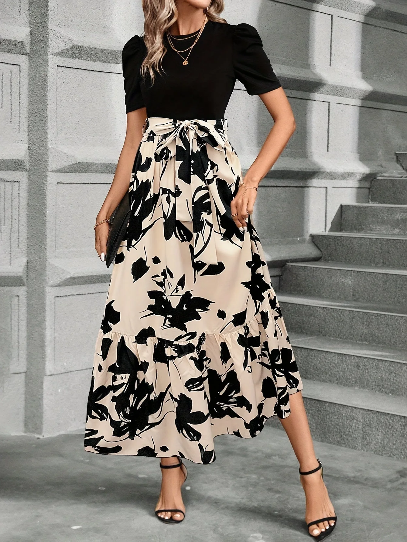 Vrouwen Maxi Jurk Puff Korte Mouwen Met Strik Taille A-Lijn - Image 3