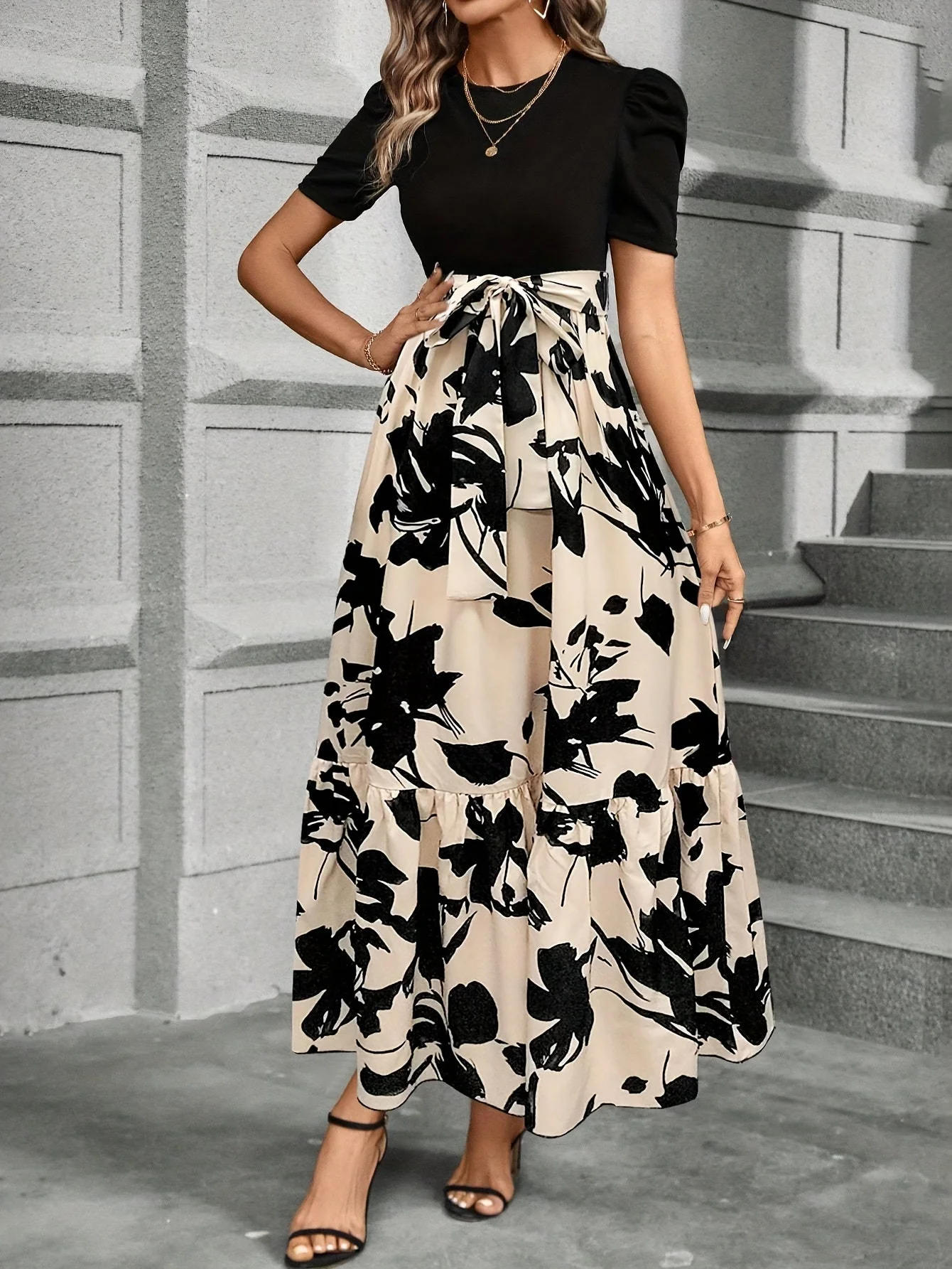 Vrouwen Maxi Jurk Puff Korte Mouwen Met Strik Taille A-Lijn - Image 4