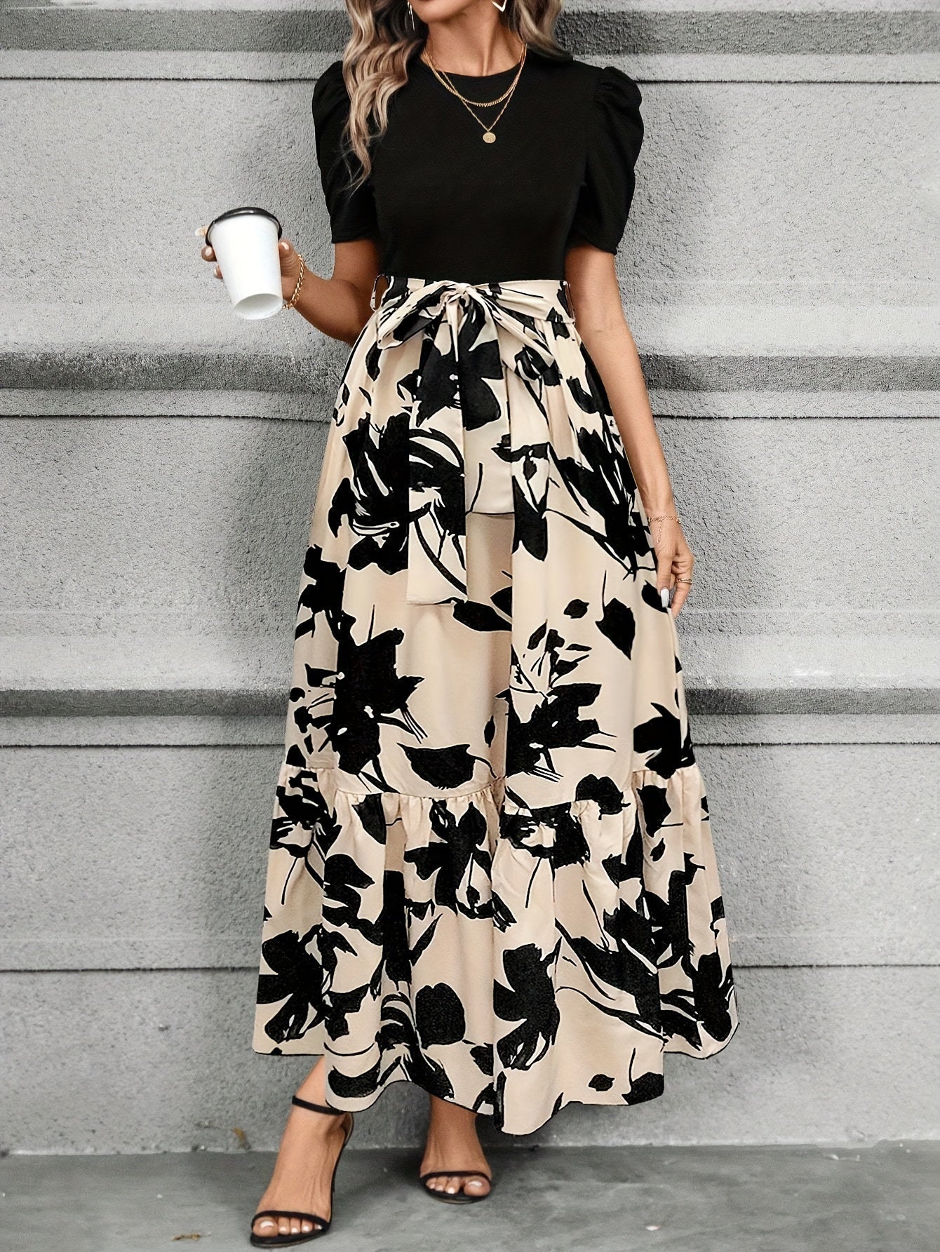 Vrouwen Maxi Jurk Puff Korte Mouwen Met Strik Taille A-Lijn - Image 5