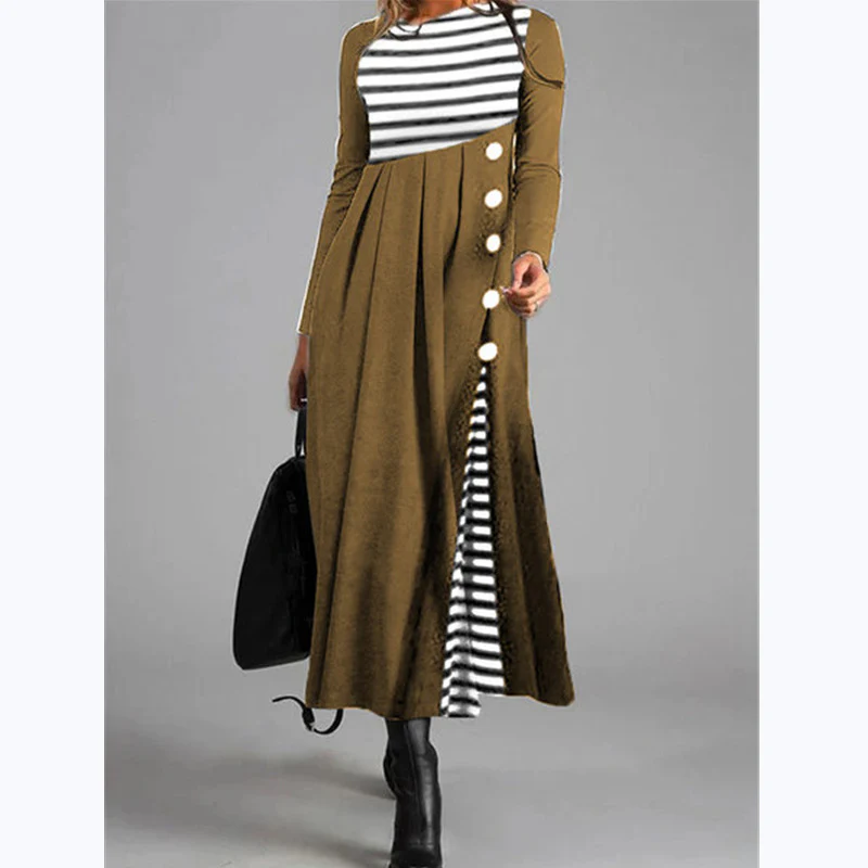 Vrouwen Streep Lange Mouwen Patchwork Jurk - Image 4
