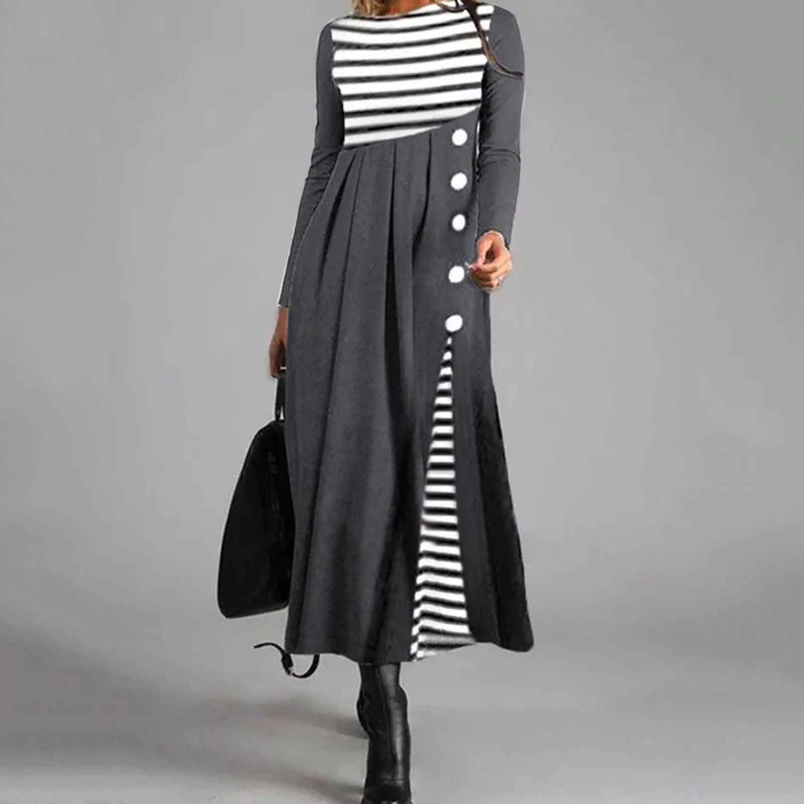 Vrouwen Streep Lange Mouwen Patchwork Jurk - Image 6