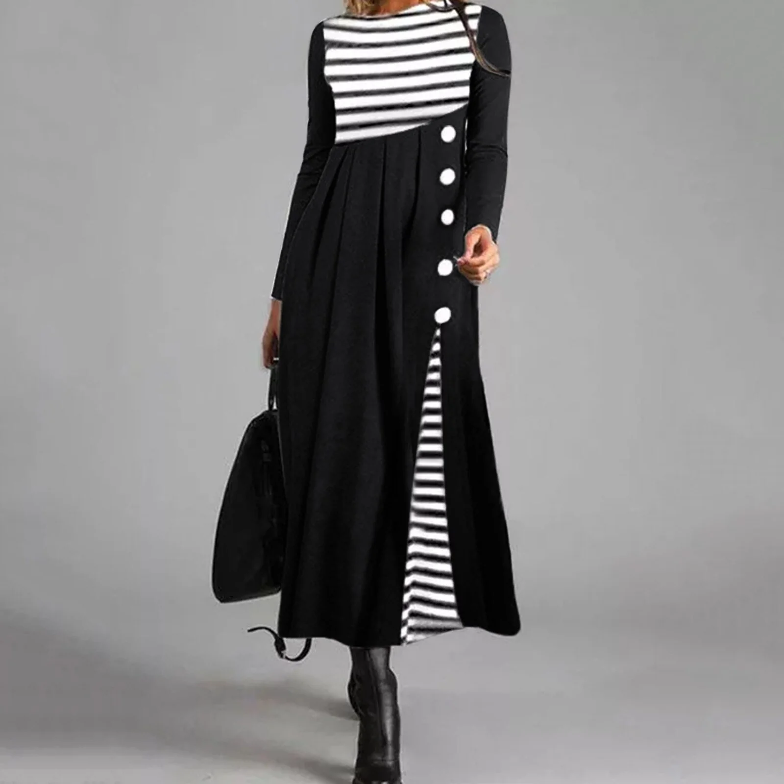 Vrouwen Streep Lange Mouwen Patchwork Jurk - Image 8