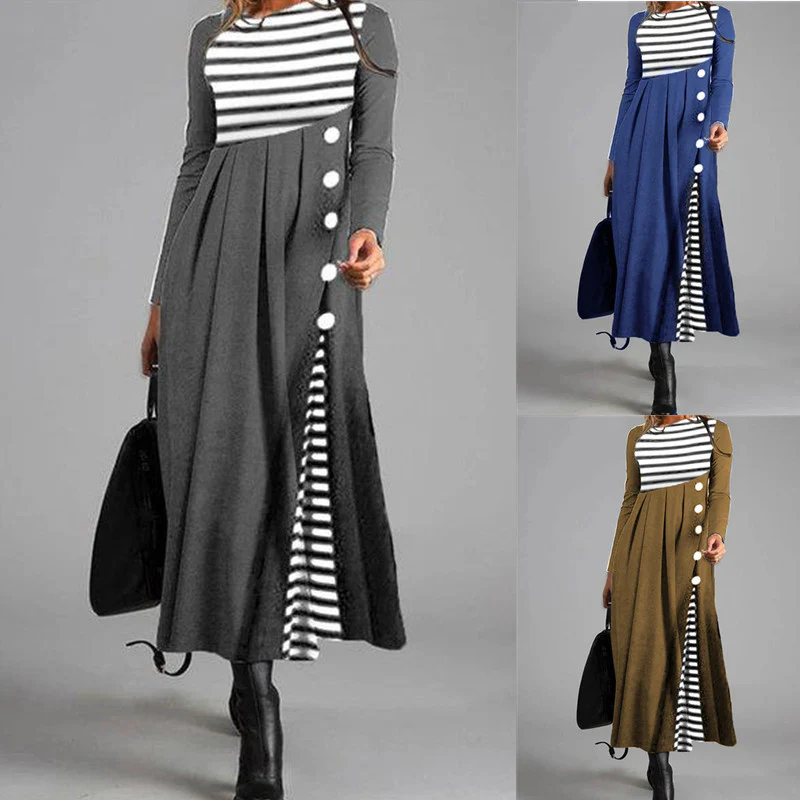 Vrouwen Streep Lange Mouwen Patchwork Jurk - Image 9